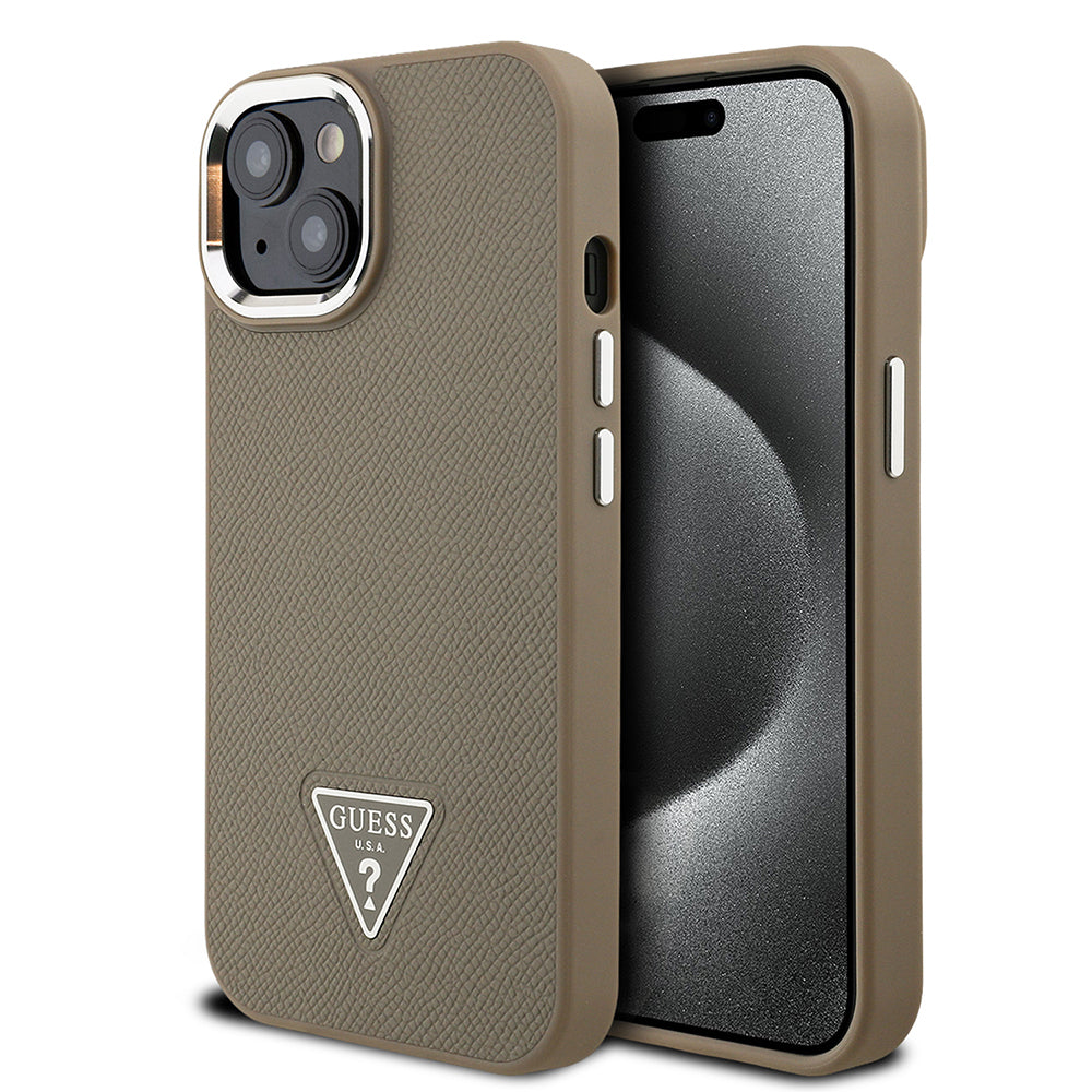 Apple iPhone 14 Kılıf Guess Orjinal Lisanslı M-safe Şarj Özellikli Grained Triangle Kapak Kahverengi