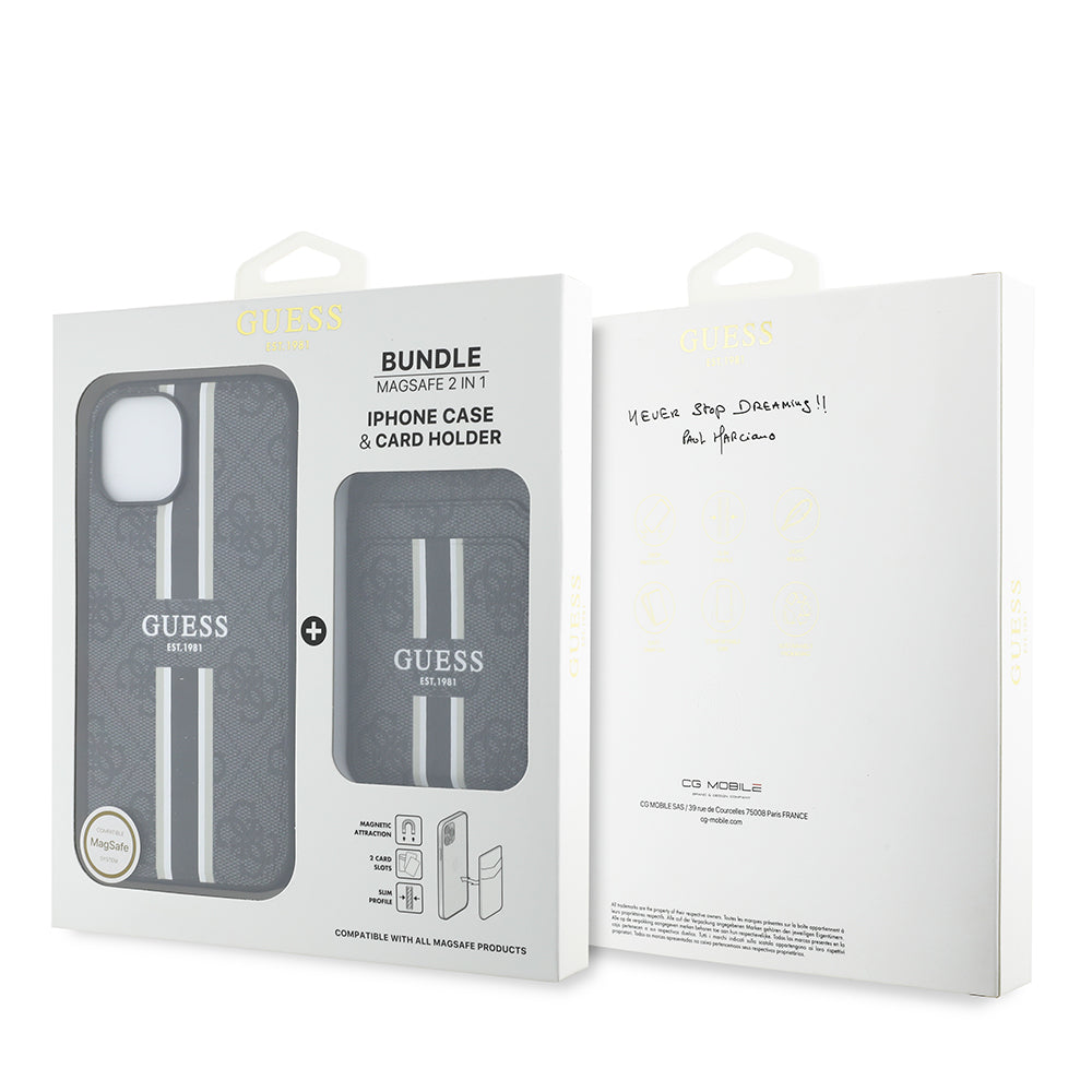 Apple iPhone 14 Kılıf Guess Orjinal Lisanslı M-safe Şarj Özellikli 4G Desenli Çizgili Kartlıklı Kapak Kahverengi