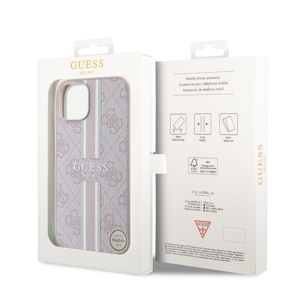 Apple iPhone 14 Kılıf Guess Orjinal Lisanslı Magsafe Şarj Özellikli 4G Şerit Tasarımlı Printed Kapak Pembe