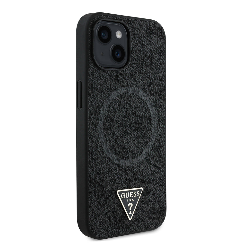 Apple iPhone 14 Kılıf Guess Orjinal Lisanslı Magsafe Şarj Özellikli PU Üçgen Logo 4G Desenli Kapak Kahverengi