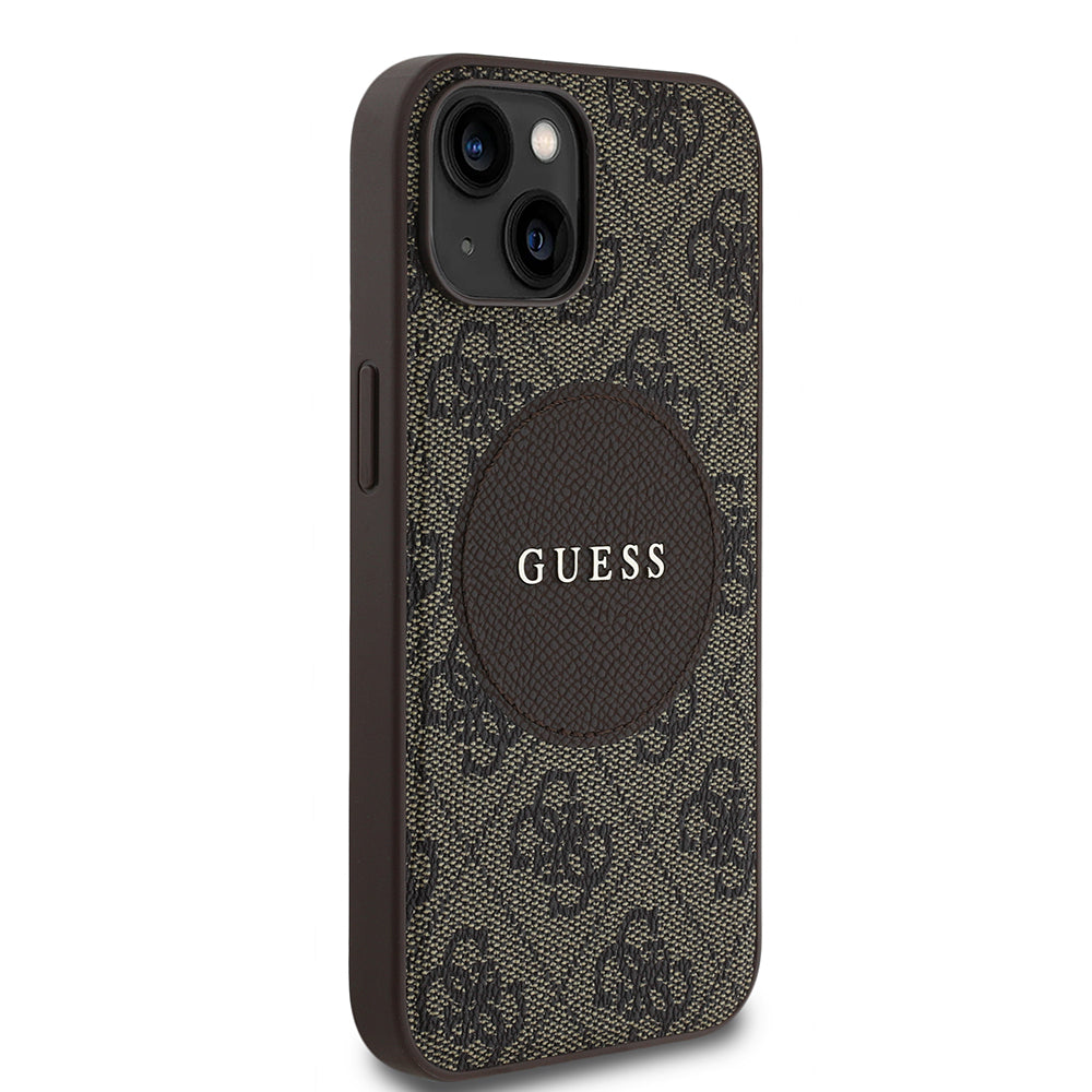 Apple iPhone 14 Kılıf Guess Orjinal Lisanslı M-safe Şarj Özellikli Yazı Logolu Circle Classic Kapak Kahverengi