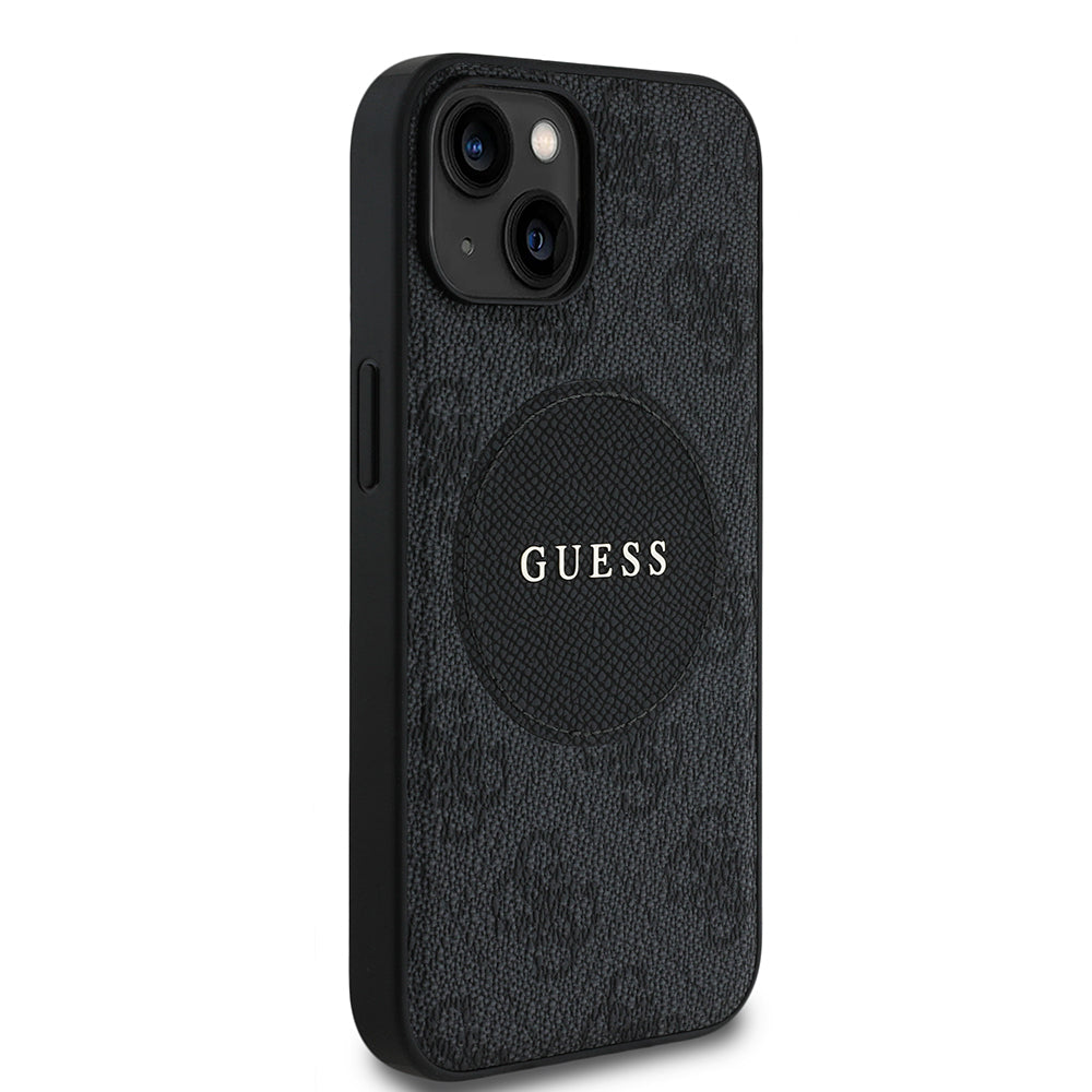 Apple iPhone 14 Kılıf Guess Orjinal Lisanslı M-safe Şarj Özellikli Yazı Logolu Circle Classic Kapak Siyah