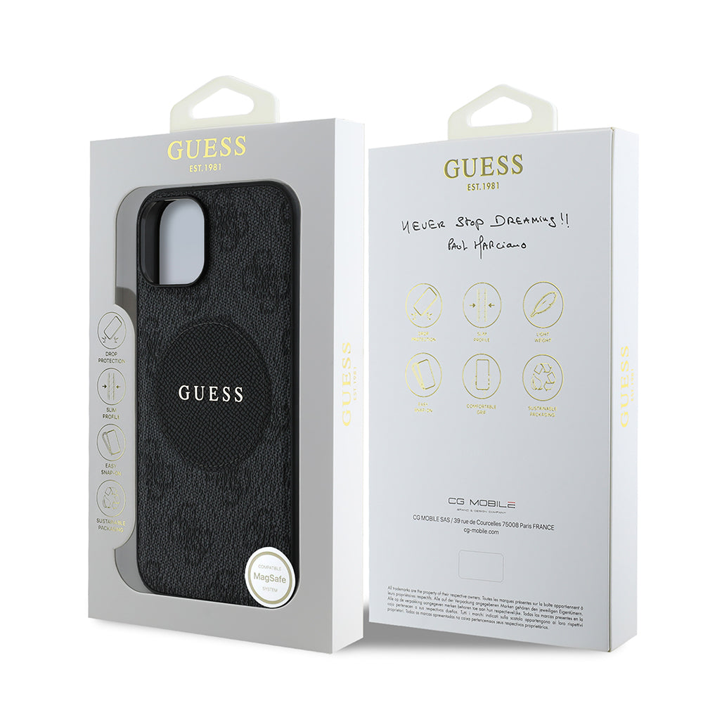 Apple iPhone 14 Kılıf Guess Orjinal Lisanslı M-safe Şarj Özellikli Yazı Logolu Circle Classic Kapak Siyah