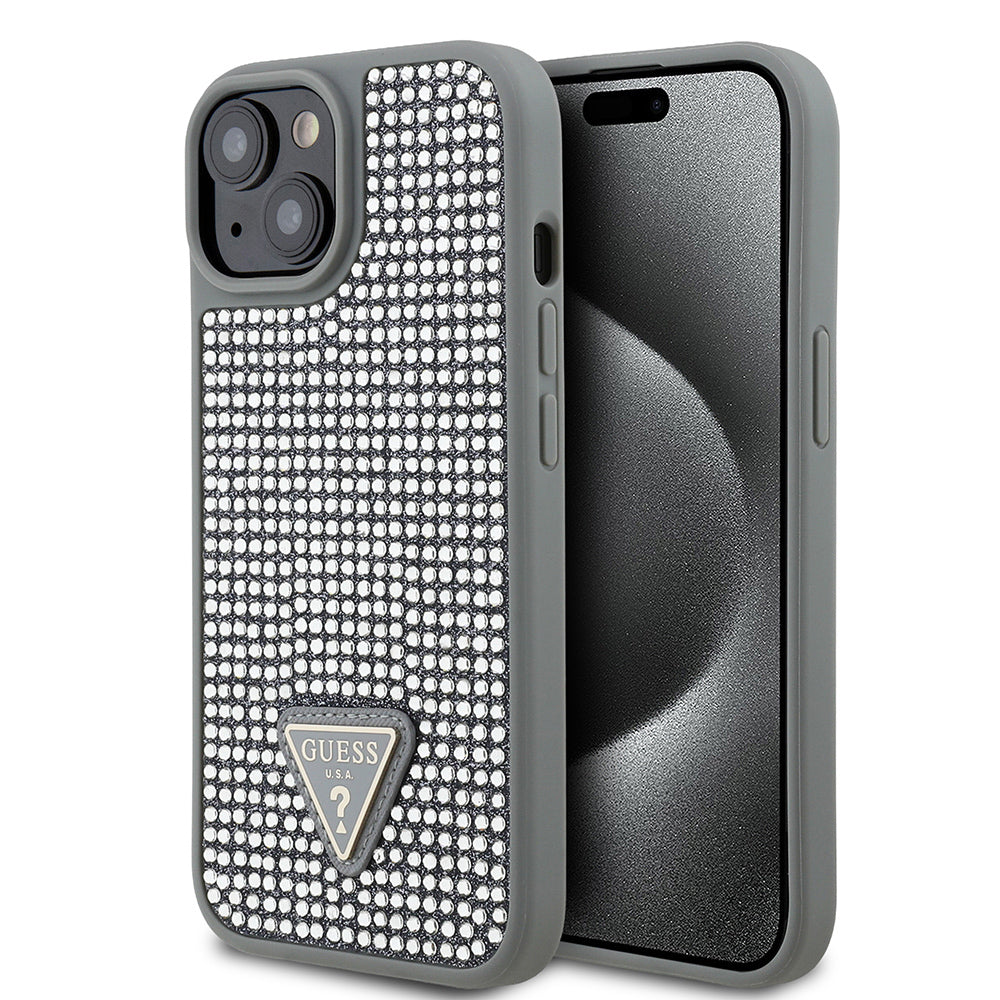 Apple iPhone 14 Kılıf Guess Orjinal Lisanslı Taşlı Arka Yüzey Üçgen Logolu Kapak Siyah