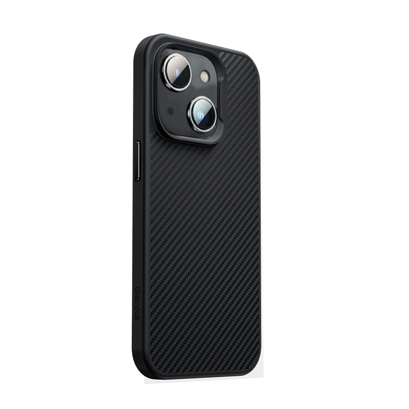 Apple iPhone 14 Kılıf Karbon Fiber Magsafe Şarj Özellikli Benks 600D Hybrid Kevlar Kapak Siyah