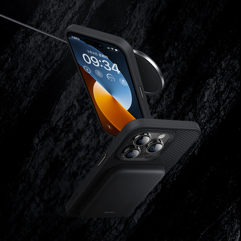 Apple iPhone 14 Kılıf Karbon Fiber Magsafe Şarj Özellikli Benks 600D Hybrid Kevlar Kapak Siyah