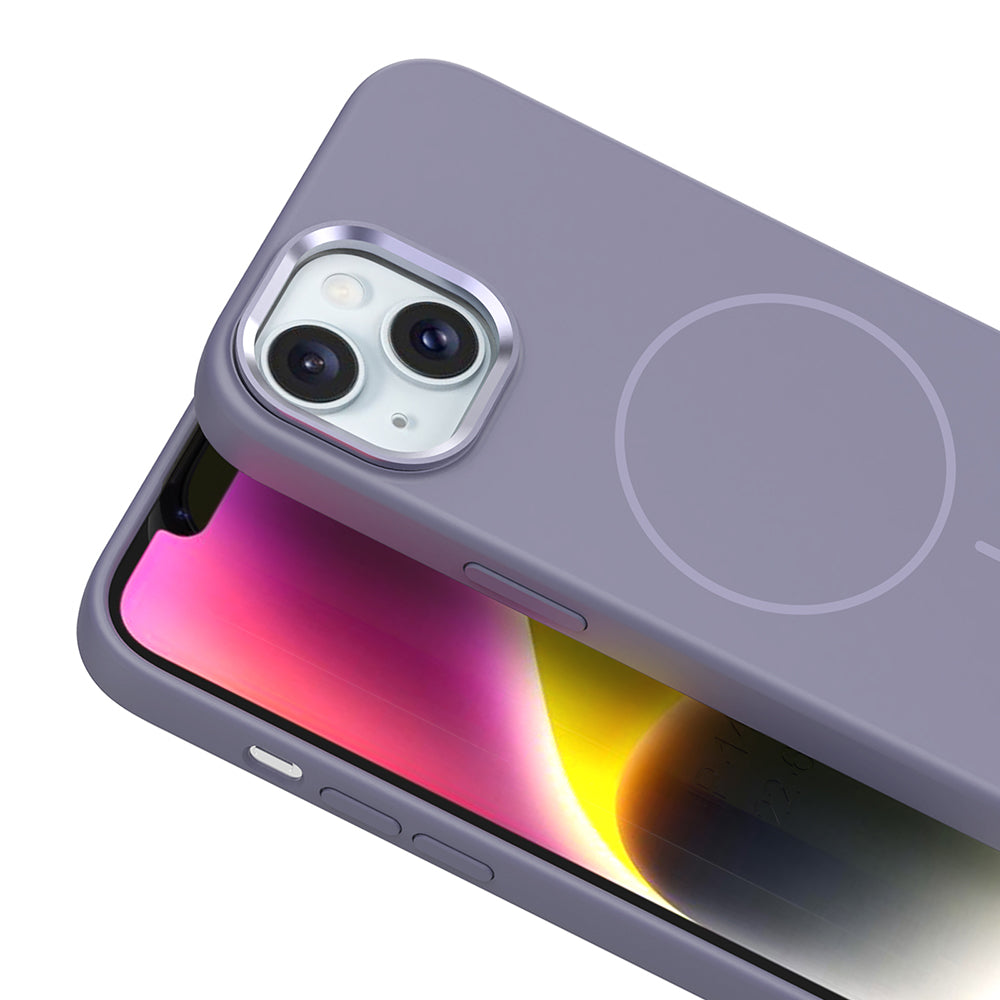 Apple iPhone 14 Kılıf M-Safe Şarj Özellikli Metal Kamera Çerçeveli Zore Edi Silikon Kapak Lila