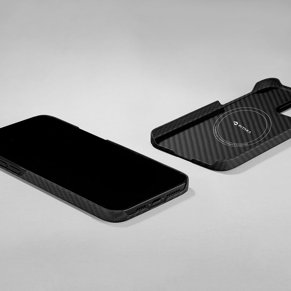 Apple iPhone 14 Kılıf Magsafe Şarj Özellikli 1500D Aramid Fiber Pitaka Ultra-Slim Classic Serisi Black-Grey Twill Kapak Siyah-Gri