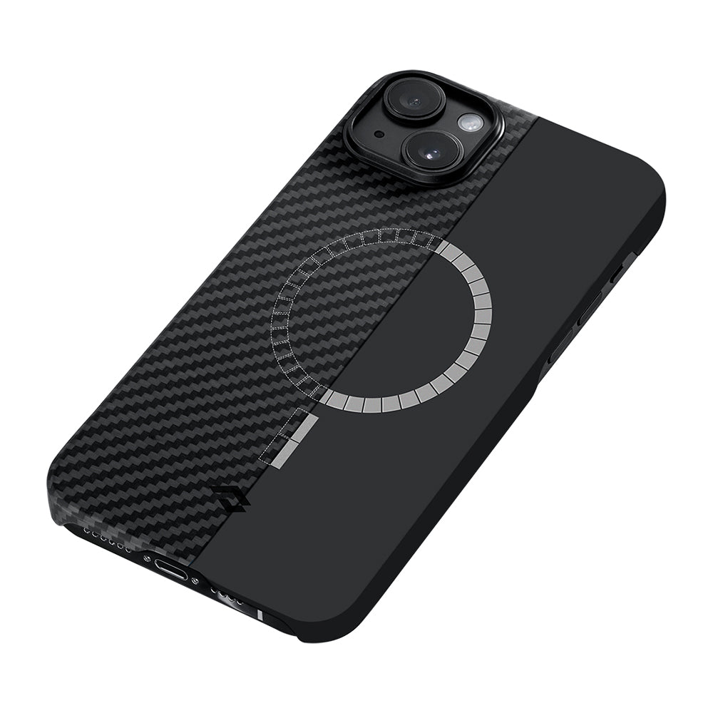 Apple iPhone 14 Kılıf Magsafe Şarj Özellikli 1500D Aramid Fiber Pitaka Ultra-Slim Classic Serisi Black-Grey Twill Kapak Siyah-Gri