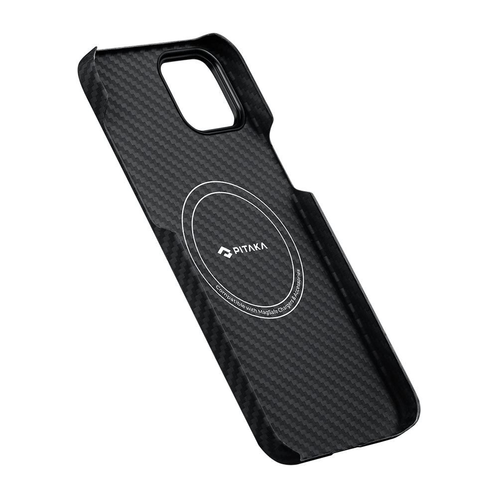 Apple iPhone 14 Kılıf Magsafe Şarj Özellikli 1500D Aramid Fiber Pitaka Ultra-Slim Classic Serisi Black-Grey Twill Kapak Siyah-Gri