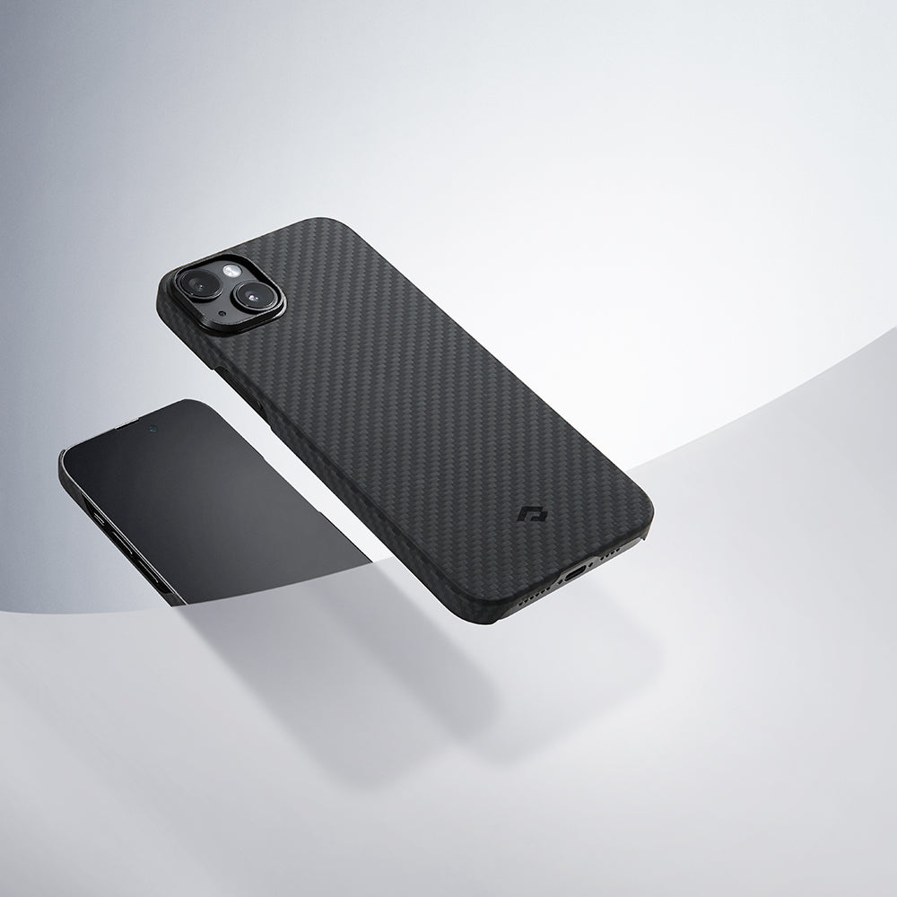 Apple iPhone 14 Kılıf Magsafe Şarj Özellikli 1500D Aramid Fiber Pitaka Ultra-Slim Classic Serisi Black-Grey Twill Kapak Siyah-Gri