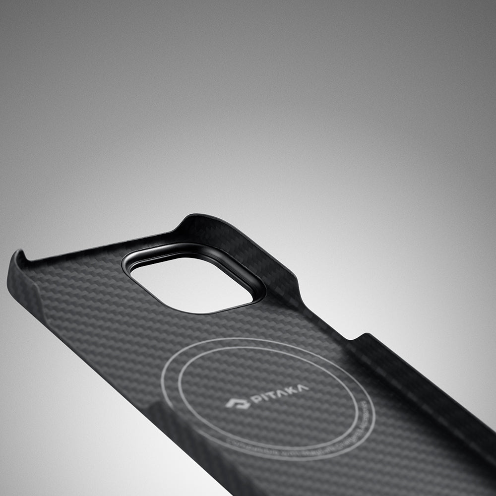 Apple iPhone 14 Kılıf Magsafe Şarj Özellikli 1500D Aramid Fiber Pitaka Ultra-Slim Classic Serisi Black-Grey Twill Kapak Siyah-Gri