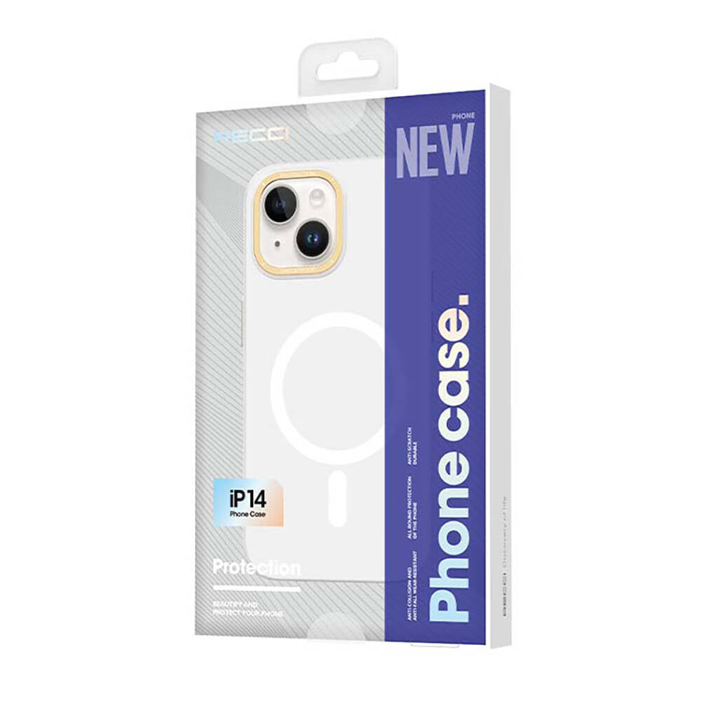 Apple iPhone 14 Kılıf Magsafe Şarj Özellikli Metal Kamera Çerçeveli Recci Glaze Serisi Kapak Mor