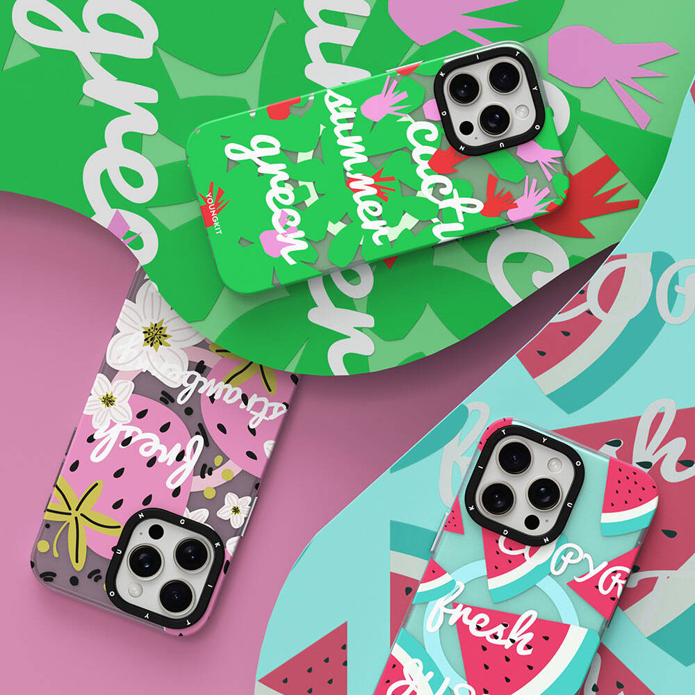 Apple iPhone 14 Kılıf Magsafe Şarj Özellikli Yaz Meyvesi Desenli Youngkit Fruity Flavour Serisi Kapak Yeşil