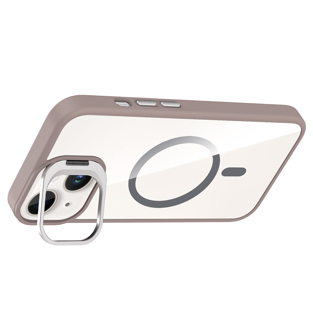 Apple iPhone 14 Kılıf Standlı ve Kamera Lens Hediyeli M-Safe Şarj Özellikli Zore Etro Kapak Gri