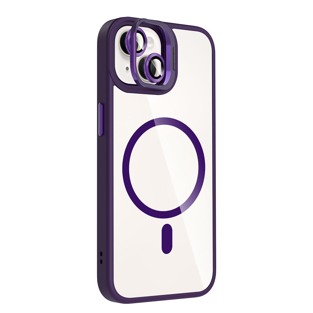 Apple iPhone 14 Kılıf Standlı ve Kamera Lens Hediyeli M-Safe Şarj Özellikli Zore Etro Kapak Gri