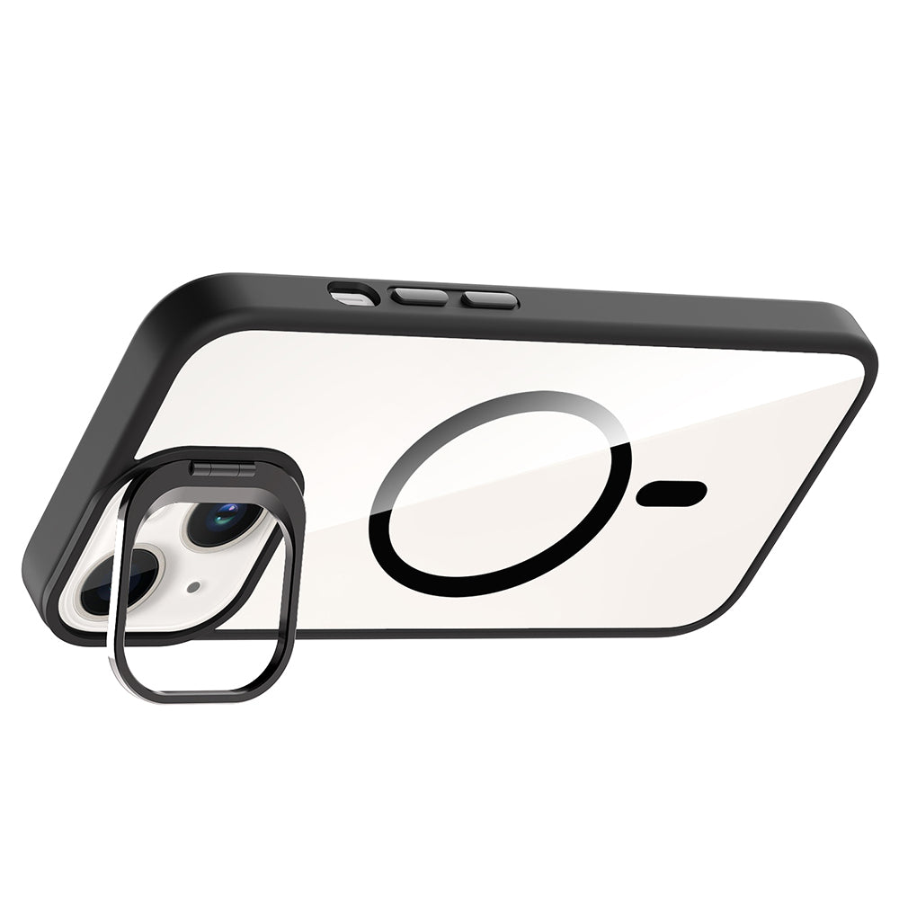 Apple iPhone 14 Kılıf Standlı ve Kamera Lens Hediyeli M-Safe Şarj Özellikli Zore Etro Kapak Siyah