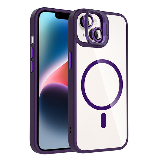 Apple iPhone 14 Kılıf Standlı ve Kamera Lens Hediyeli M-Safe Şarj Özellikli Zore Etro Kapak Derin Mor