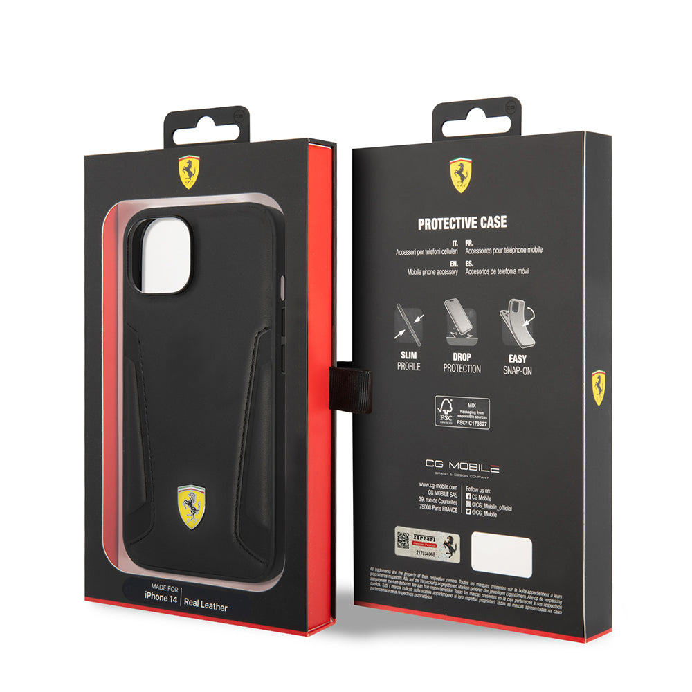 Apple iPhone 14 Plus Kılıf Ferrari Orjinal Lisanslı Magsafe Şarj Özellikli Deri Kenarları Damgalı Dizayn Kapak Siyah