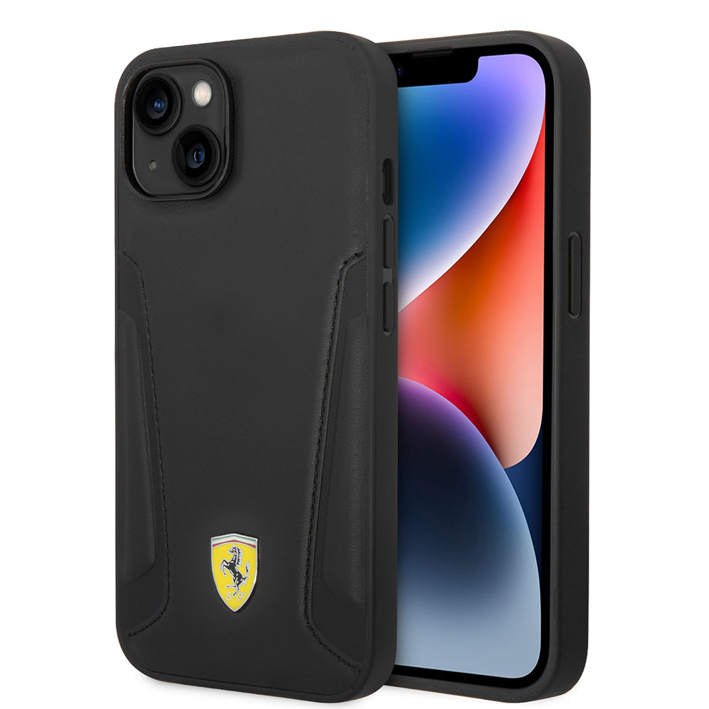 Apple iPhone 14 Plus Kılıf Ferrari Orjinal Lisanslı Magsafe Şarj Özellikli Deri Kenarları Damgalı Dizayn Kapak Siyah