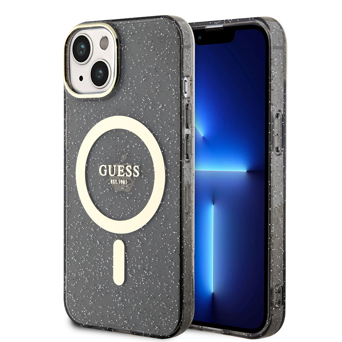 Apple iPhone 14 Plus Kılıf GUESS Magsafe Şarj Özellikli Glitter Kapak Siyah