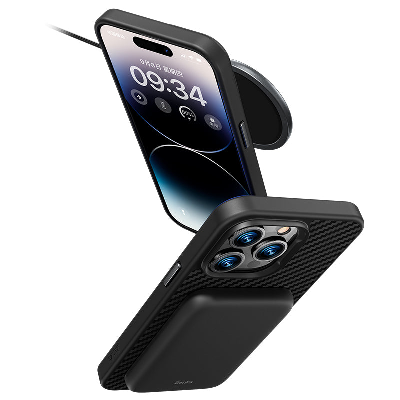 Apple iPhone 14 Plus Kılıf Karbon Fiber Magsafe Şarj Özellikli Benks Hybrid ArmorPro 1500D Kevlar Kapak Siyah