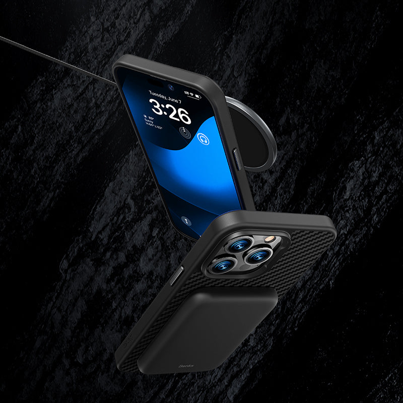 Apple iPhone 14 Plus Kılıf Karbon Fiber Magsafe Şarj Özellikli Benks Hybrid ArmorPro 1500D Kevlar Kapak Siyah