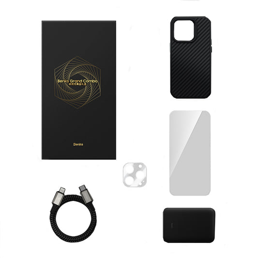Apple iPhone 14 Pro Benks Grand Combo 5in1 Aksesuar Seti Kılıf-Ekran Koruyucu-Lens Koruyucu-Kablo-Powerbank Siyah