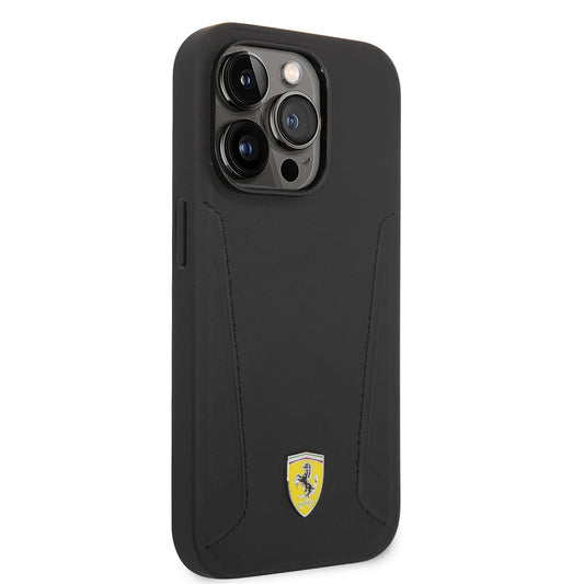 Apple iPhone 14 Pro Kılıf Ferrari Magsafe Şarj Özellikli Deri Kenarları Damgalı Dizayn Kapak Siyah
