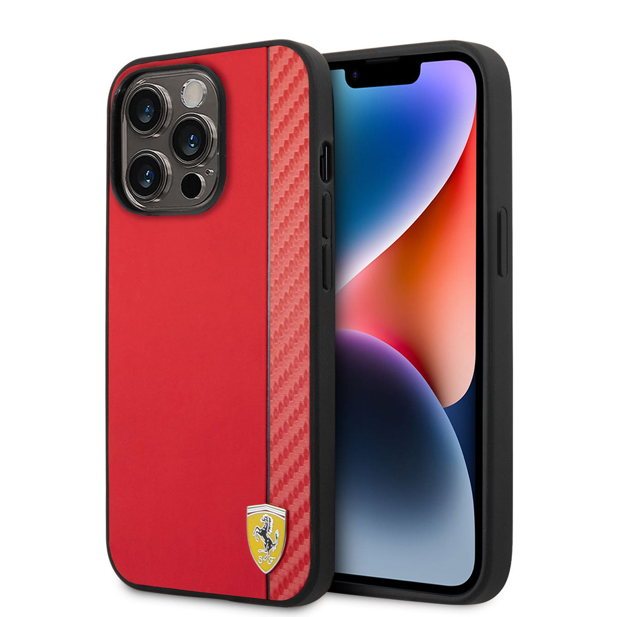 Apple iPhone 14 Pro Kılıf Ferrari Magsafe Şarj Özellikli PU Deri Karbon Şeritli Dizayn Kapak Kırmızı