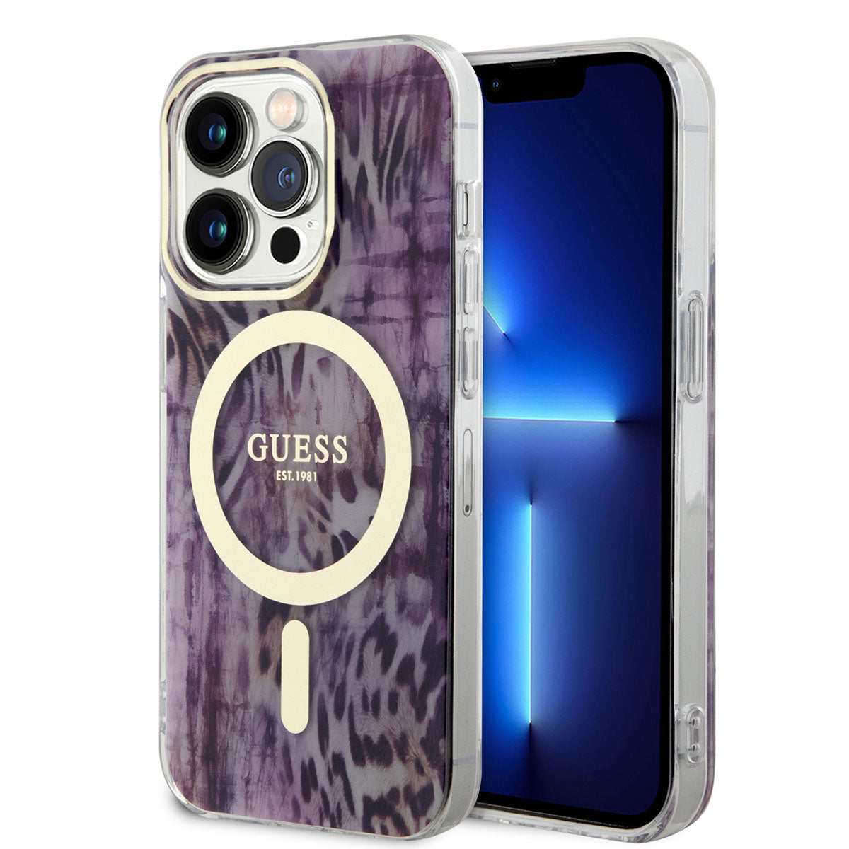 Apple iPhone 14 Pro Kılıf GUESS Magsafe Şarj Özellikli Leopar Desenli Kapak Mavi