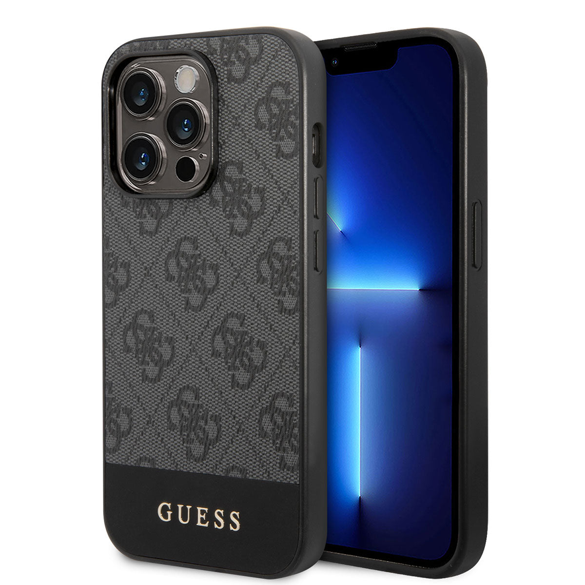 Apple iPhone 14 Pro Kılıf GUESS PU Deri Şerit Logo Dizaynlı Kapak Gri