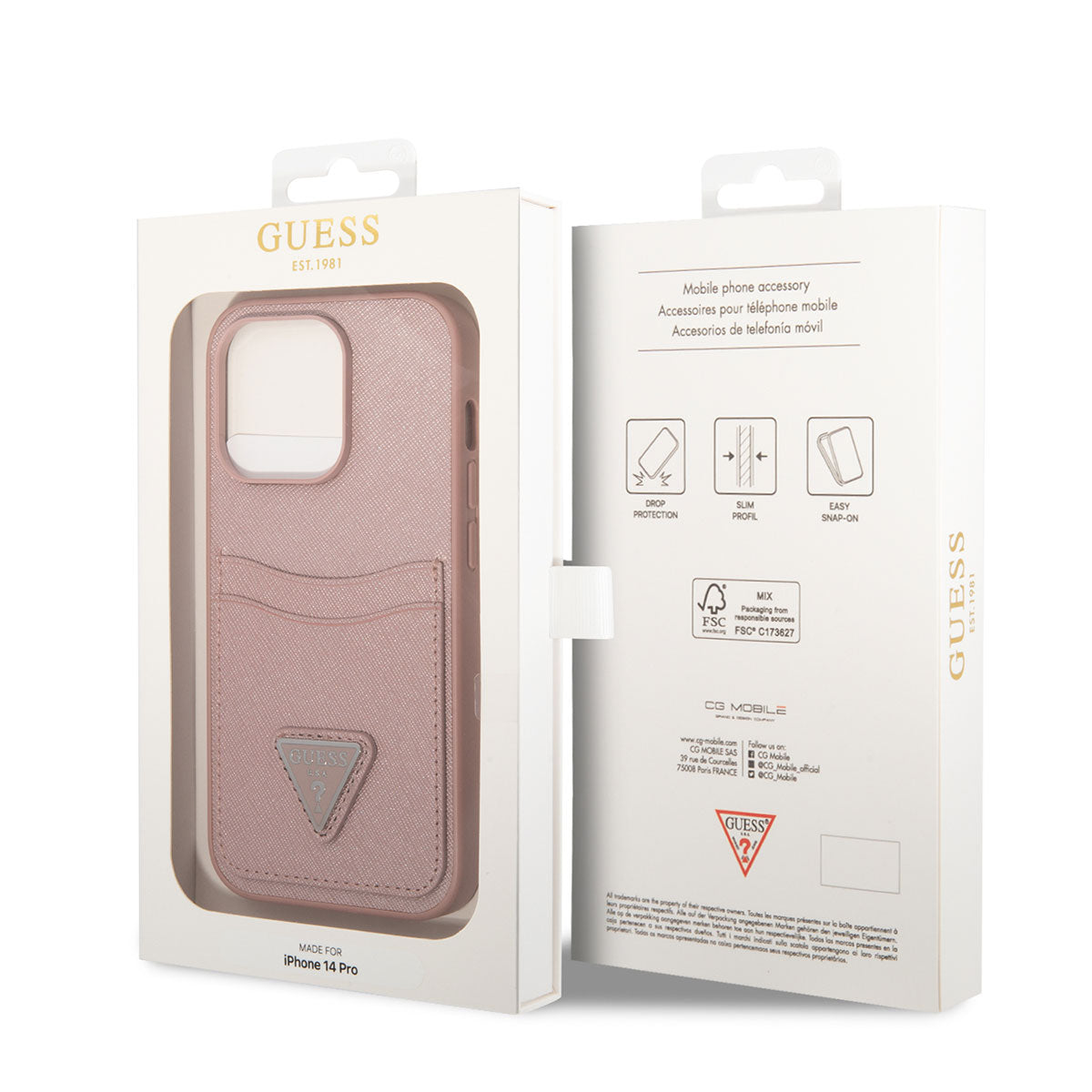 Apple iPhone 14 Pro Kılıf GUESS PU Safran Deri Kartlıklı Dizayn Kapak Pembe