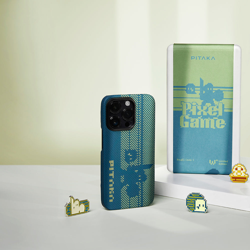 Apple iPhone 14 Pro Kılıf MagSafe Şarj Özellikli Aramid Fiber Pitaka Tactile Woven Pixel Game Kapak Yeşil-Mavi