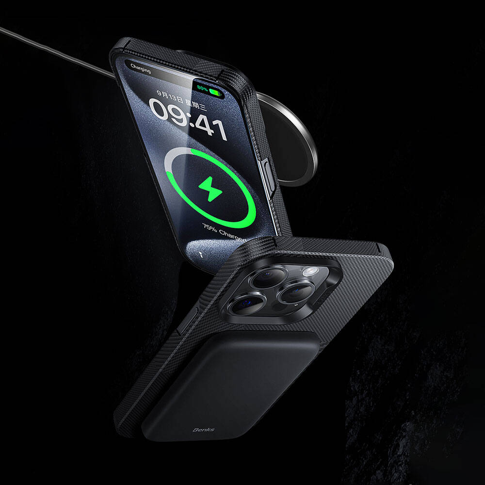 Apple iPhone 14 Pro Kılıf Magsafe Şarj Özellikli Karbon Fiber Benks Montage ArmorAir Kevlar Kapak Siyah