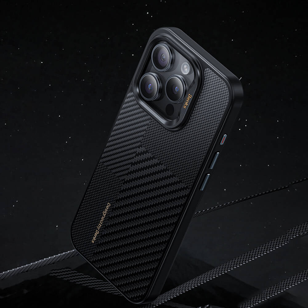 Apple iPhone 14 Pro Kılıf Magsafe Şarj Özellikli Karbon Fiber Benks Montage Hybrid ArmorPro Kevlar Kapak Siyah