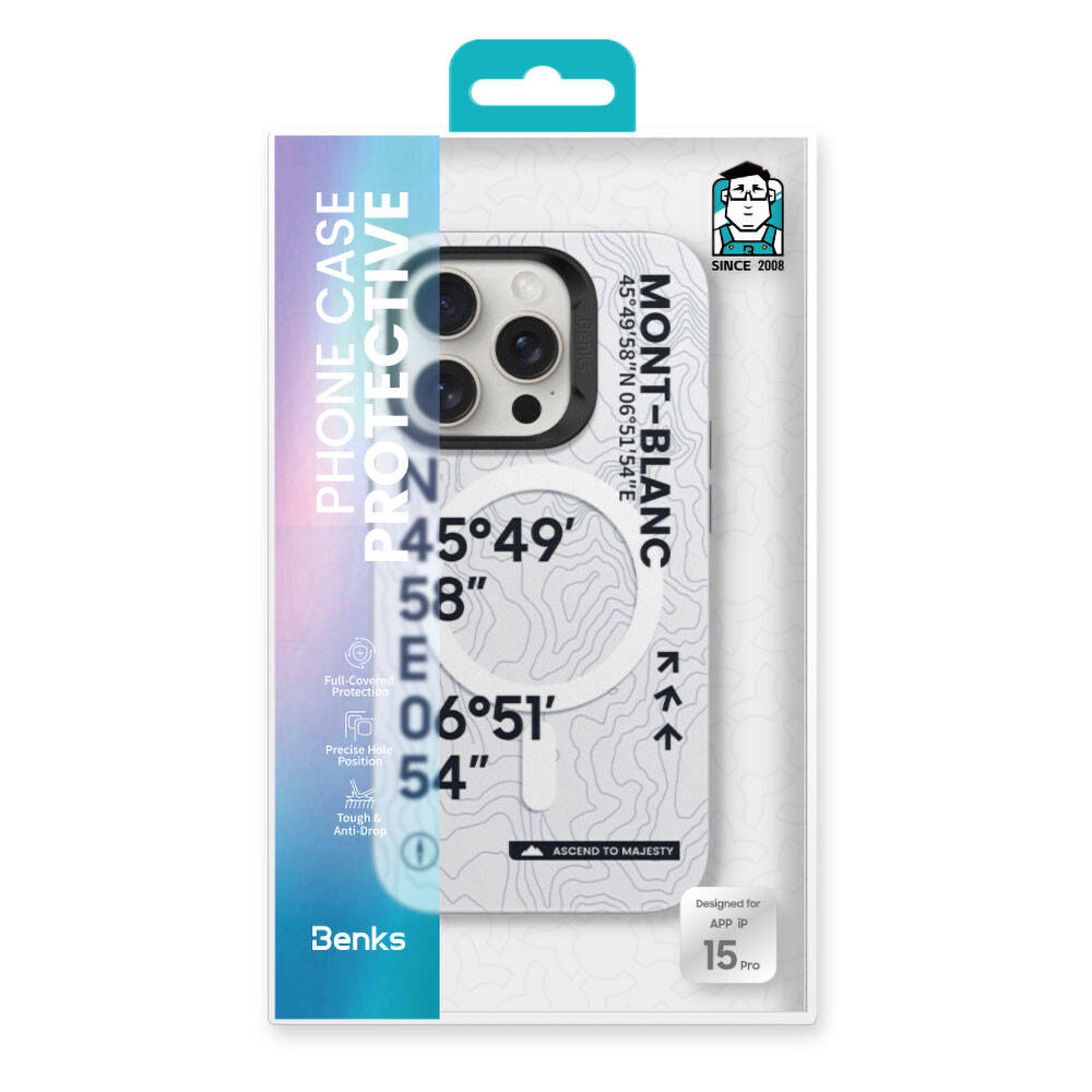 Apple iPhone 14 Pro Kılıf Magsafe Şarj Özellikli Koordinat Yazı Desenli Benks Summit Serisi Kapak Beyaz