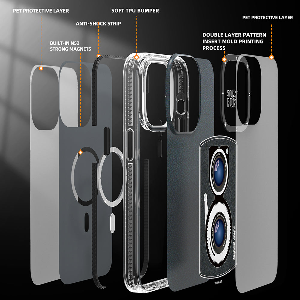 Apple iPhone 14 Pro Kılıf Magsafe Şarj Özellikli Lens Figürlü YoungKit Art Film Serisi Kapak Siyah