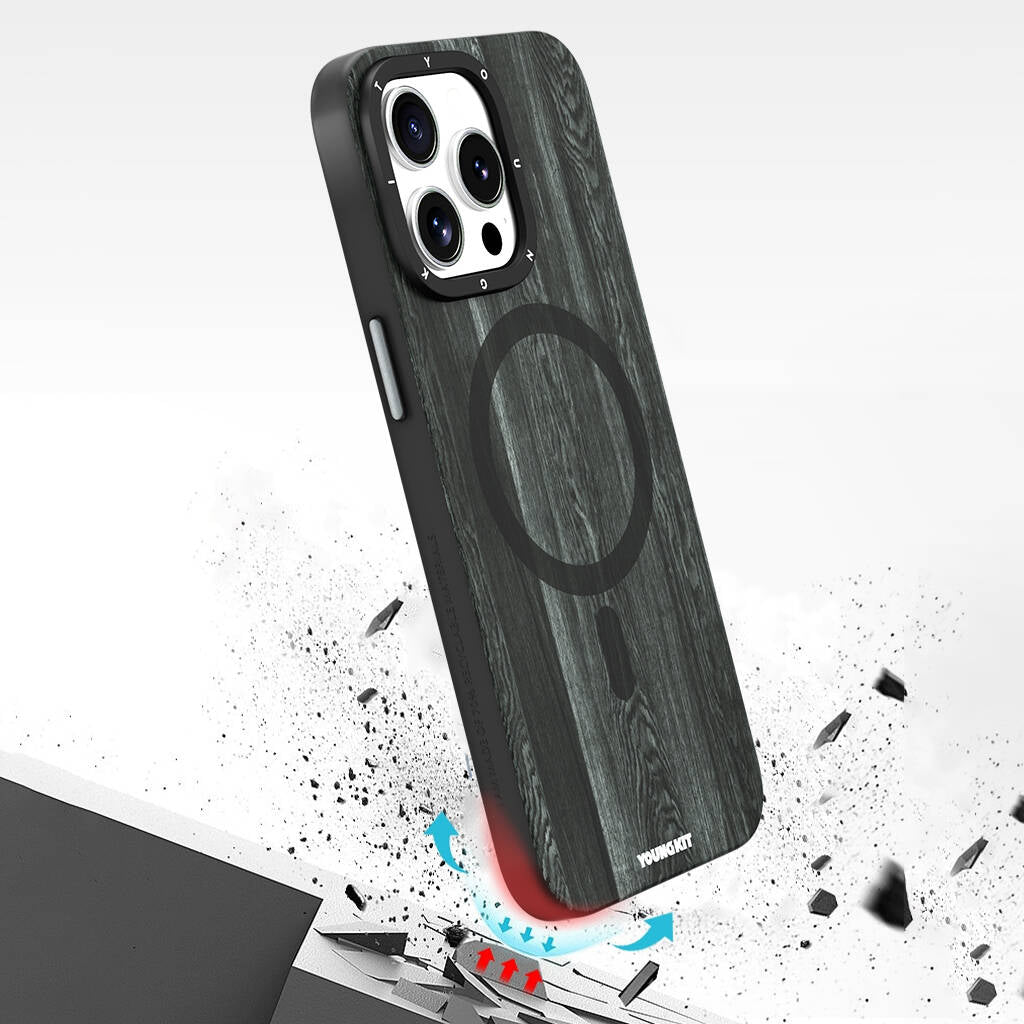 Apple iPhone 14 Pro Kılıf Magsafe Şarj Özellikli Sararmaya Dayanıklı Youngkit Wood Forest Serisi Kapak Siyah