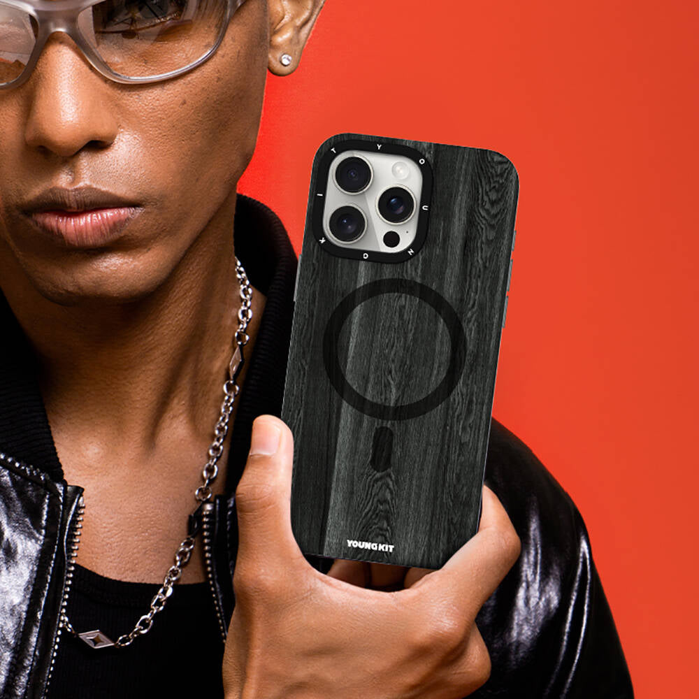 Apple iPhone 14 Pro Kılıf Magsafe Şarj Özellikli Sararmaya Dayanıklı Youngkit Wood Forest Serisi Kapak Gri