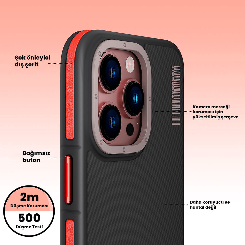 Apple iPhone 14 Pro Kılıf Magsafe Şarj Özellikli YoungKit 600D Kevlar Kapak Kırmızı