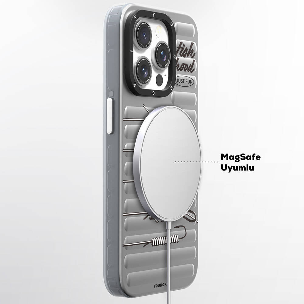 Apple iPhone 14 Pro Kılıf Magsafe Şarj Özellikli Youngkit Fishing Serisi Kapak Gri