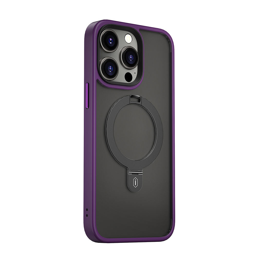 Apple iPhone 14 Pro Kılıf Wiwu ZMM-010 Magsafe Şarj Özellikli Parmak İzi Bırakmayan Mat Transparan Standlı Kapak Derin Mor