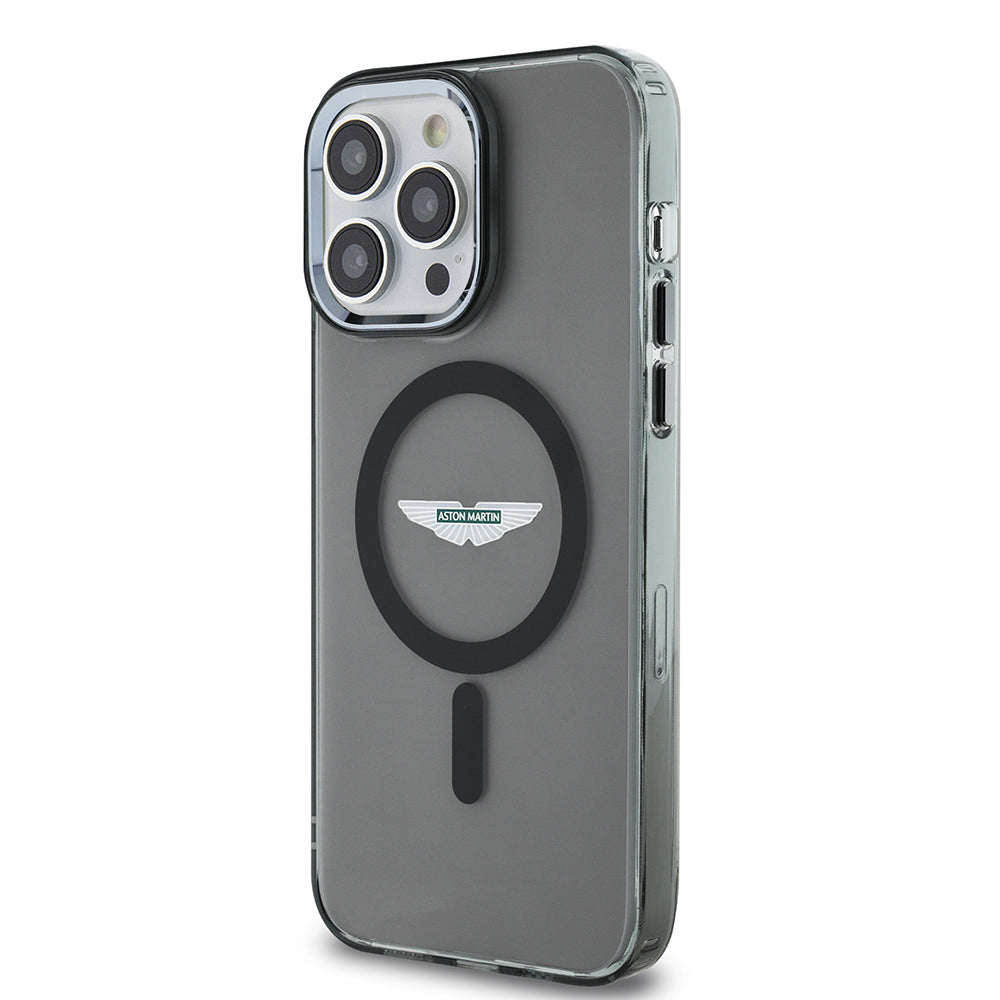 Apple iPhone 14 Pro Max Kılıf Aston Martin Orjinal Lisanslı M-safe Şarj Özellikli  IML Baskı Logolu Metal Düğmeli Kapak Siyah
