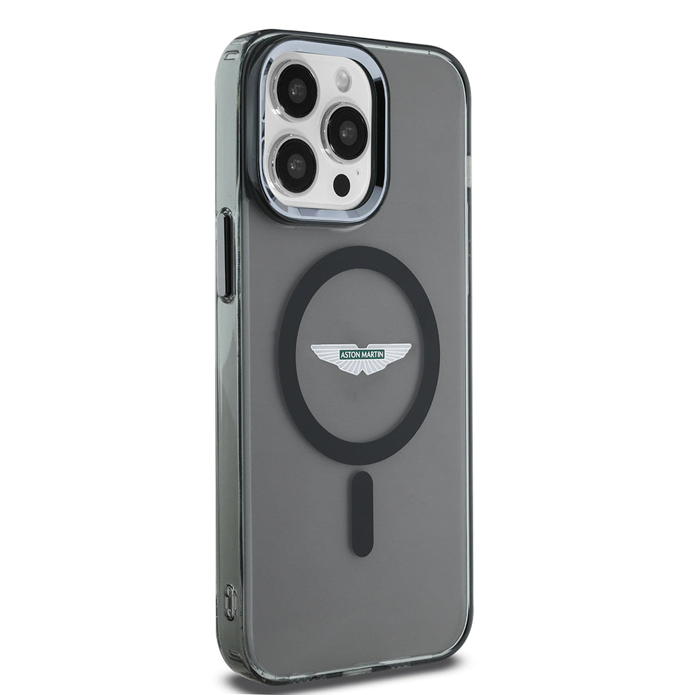 Apple iPhone 14 Pro Max Kılıf Aston Martin Orjinal Lisanslı M-safe Şarj Özellikli  IML Baskı Logolu Metal Düğmeli Kapak Siyah