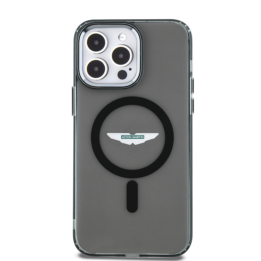 Apple iPhone 14 Pro Max Kılıf Aston Martin Orjinal Lisanslı M-safe Şarj Özellikli  IML Baskı Logolu Metal Düğmeli Kapak Siyah