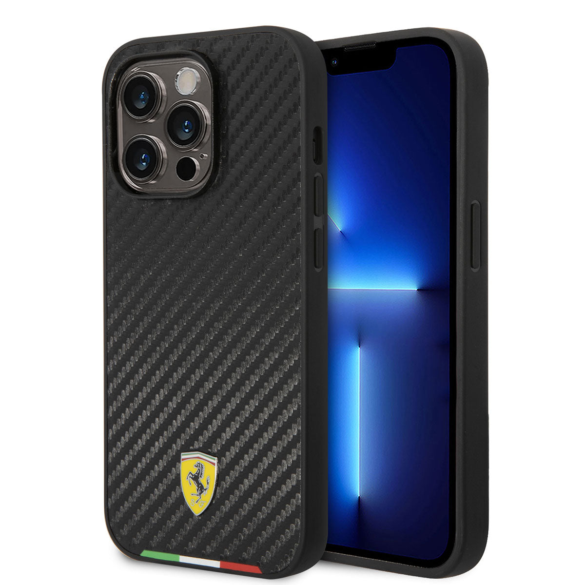 Apple iPhone 14 Pro Max Kılıf Ferrari Magsafe Şarj Özellikli Karbon İtalyan Bayrak Dizayn Kapak Siyah