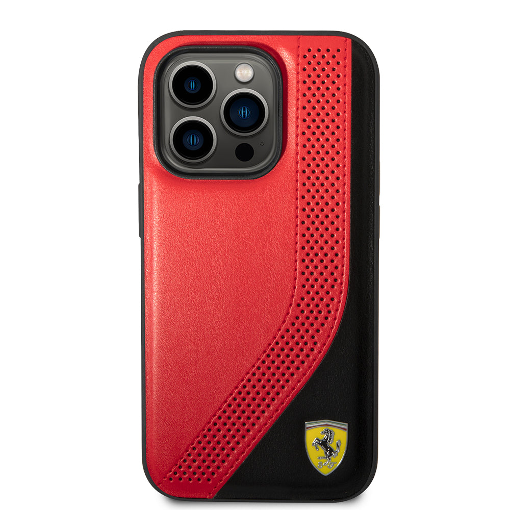 Apple iPhone 14 Pro Max Kılıf Ferrari Orjinal Lisanslı Metal Logolu Deri Delikli Dikişli Dizayn Kapak Kırmızı