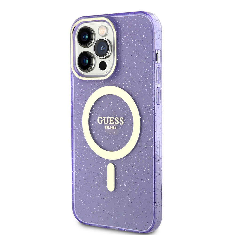 Apple iPhone 14 Pro Max Kılıf GUESS Magsafe Şarj Özellikli Glitter Kapak Mor