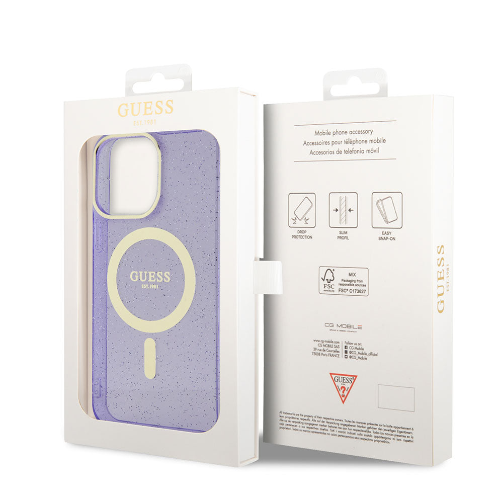 Apple iPhone 14 Pro Max Kılıf GUESS Magsafe Şarj Özellikli Glitter Kapak Mor